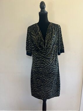 Trina Turk Olive and Black Draped V-Neck Midi Dress